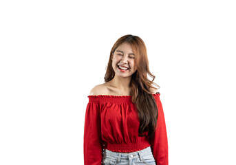 Smiling asian businesswoman standing and looking at the camera splits through a white background.