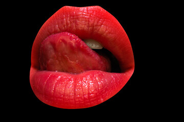 Isolated woman mouth with tongue licking lips with red lipstick. Lick lip tongue, isolated on black. Tongue in the mouth, close-up.