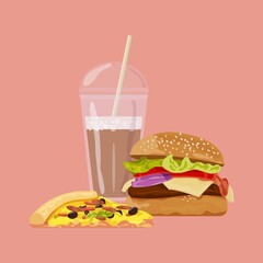 Vector cheeseburger, a slice of pizza and a glass of coffee. Illustration of fast food and drink