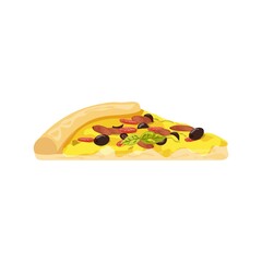 Vector slice of pizza with olives, tomatoes and pepperoni. Fast food illustration