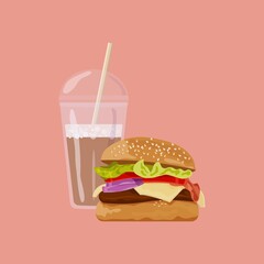 Vector cheeseburger and a glass of coffee. Fast food illustration