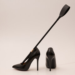Elegant expensive black high heel women shoes with riding crop on white background - fetish female weapon