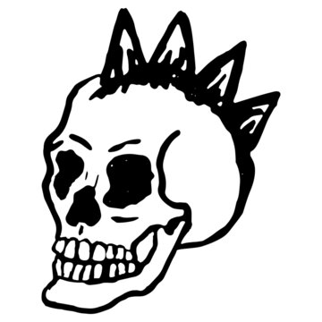 recommend clip art: Black and white vector rough sketch of a punk skull with mohawk. Hand-drawn outline doodle isolated on transparent background