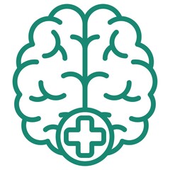 Human brain with plus sign. The concept of increasing and improving cognitive abilities. Turquoise vector linear icon, isolated on transparent background