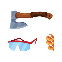 Woodworker and lumberjack tools. Axe and protective glasses vector illustration