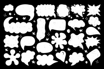 A set of speech bubbles with hand-drawn dialogue words in doodle style. Different forms of speech for comic book characters. White silhouettes on black background. Speech patterns. Vector illustration