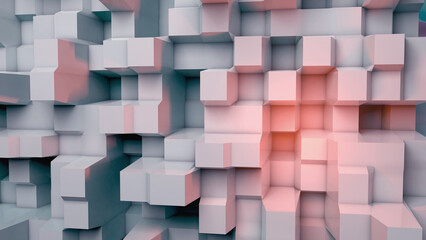 3D render illustration of abstract background. Extruding cubes, field of geometry with colorful lights.