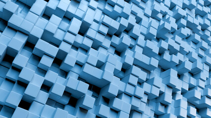 3D render illustration of abstract background. Extruding cubes, field of geometry with blue lights.