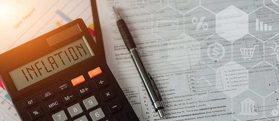 Inflation word on concept calculator for the Fed. Considering interest rate hikes. Global Economics...