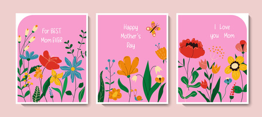 Fototapeta na wymiar Happy Mother's Day greeting card collection with cute flowers in scandinavian style. Spring floral holiday background set for poster, postcard, social media post template. Colored vector illustrations