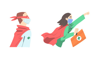 Fototapeta premium Doctor Hero with Male and Female Medical Staff in Uniform and Superhero Cloak Vector Set