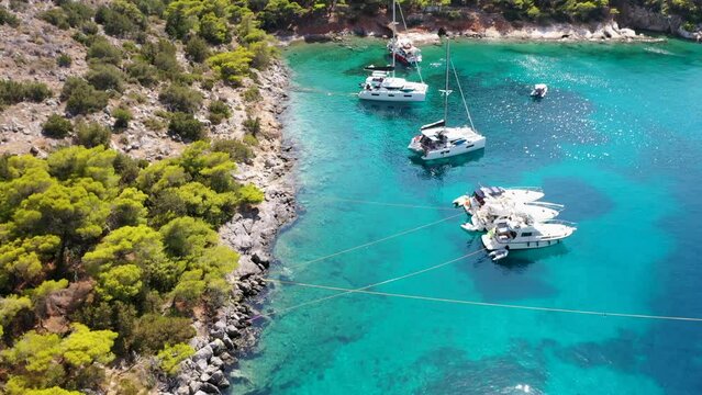 Aerial drone video of small bay of Mpisti in picturesque island of Ydra or Hydra, Saronic gulf, Greece