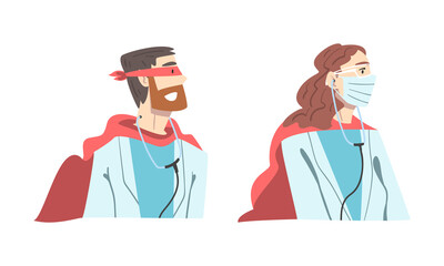 Doctor Hero with Male and Female Medical Staff in Uniform and Superhero Cloak Vector Set