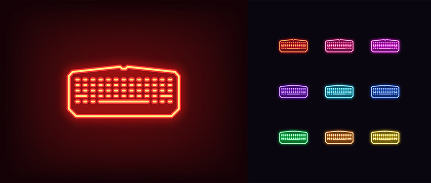 Outline neon gaming keyboard icon. Glowing neon wireless computer keyboard, game device pictogram. Cyber sport