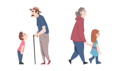 Grandparents Spending Time with Grandchildren Walking and Talking Vector Set