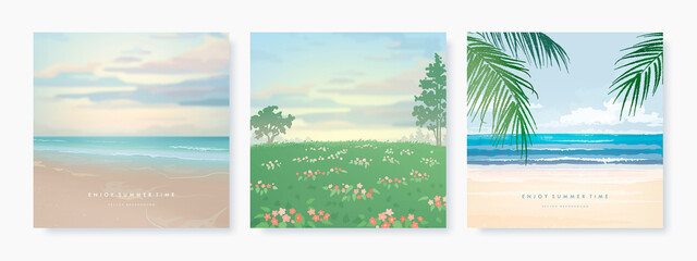 Set of vector landscape background. Beautiful illustration of sandy summer beach and green field. Summer holidays poster or banner design template - obrazy, fototapety, plakaty