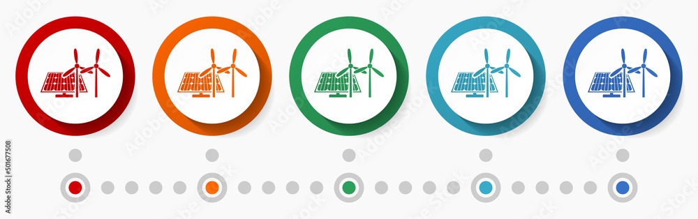 Poster Renewable energy concept vector icon set, infographic template, flat design circle colorful web buttons in 5 color options
