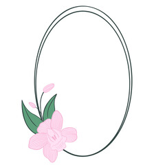 Beautiful frame with pink orchids vector illustration. Floral delicate oval wreath. Delicate rim with flowers for card or invitation isolated