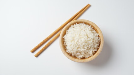 Fototapeta na wymiar A bowl of perfectly cooked, plain Basmati rice, in an Asian style bowl