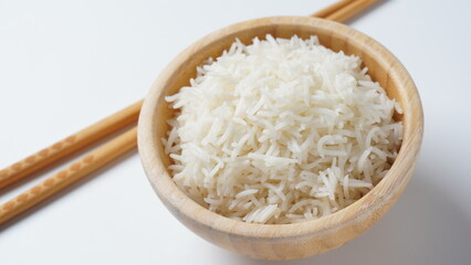 A bowl of perfectly cooked, plain Basmati rice, in an Asian style bowl