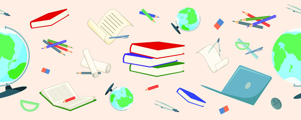 School supplies on a beige background: globes, books, pencils, pens, paper, rulers, compasses.