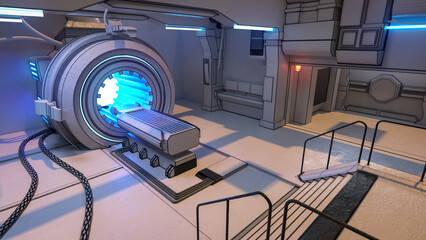 Science fiction interior environment of technology laboratory on space ship 3d render of sci fi high tech futuristic room without people with glowing lights and reaktor turbine