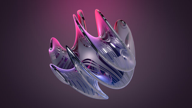 3D render of aesthetic abstract art sphere with part of alien flowy shapes in spherical wavy curves and twists in metallic shiny matte material in blue purple violet color with grey glow light studio