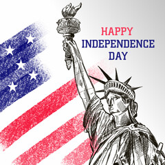 statue of liberty, happy independence day, Social media post, drawing sketch 