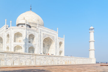 Awesome view of the Taj Mahal on blue sky background