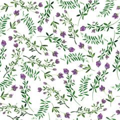 Seamless pattern with lilac wild flowers  and green leaves. Hand drawn watercolor illustration.