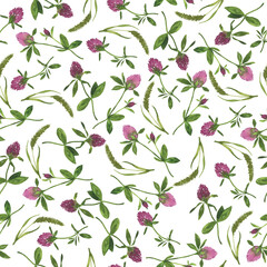 Seamless pattern with purple clover flowers  and green leaves. Hand drawn watercolor illustration. - 501678953