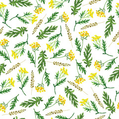 Seamless pattern with yellow summer flowers, dry ears  and green leaves. Hand drawn watercolor illustration.