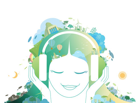 ESG and ECO friendly community with a girl listening the sound form the nature shows the concept of environmental protection vector illustration graphic EPS 10