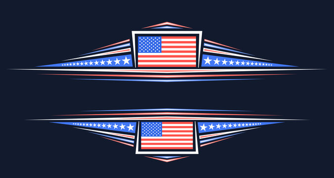 Vector Border For American Holidays With Blank Copy Space For Text, Decorative Layout With Illustration Of National American Flag, Festive Stars And Stripes For Us Military Holidays On Dark Background