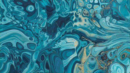 Beautiful Teal and Blue Liquid Swirls with Gold Glitter. Luxurious Art Background.