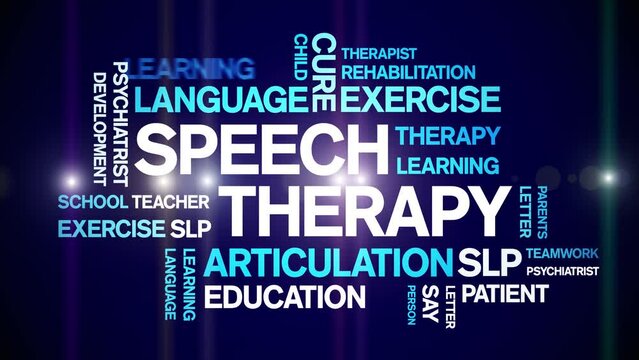 Speech Therapy animated tag word cloud;text design animation kinetic typography seamless loop.