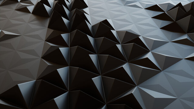 Black Geometric Surface with Tetrahedrons. Futuristic, Dark 3d Banner.