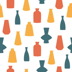 Seamless pattern of hand drawn vases. Blue, yellow and red clay pottery on white background 