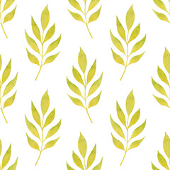 Green watercolor leaves isolated on a white background. Simple botanical seamless pattern. Hand-drawn foliage