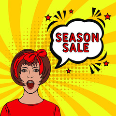 Comic book explosion with text Season sale, vector illustration. Season sale in comic pop art style. Comic advertising concept with Special offer wording. Modern Web Banner Element