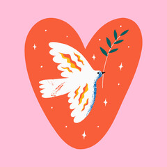 Concept for world peace day postcard with dove, branch and hearth. Poster with symbol, no war, world day of peace, equality and love. Background for banners, slogans, t-shirts, cards and more. Vector.