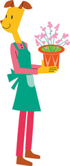 擬人化された犬（女性）がエプロン姿で植木鉢（花）を持っています

