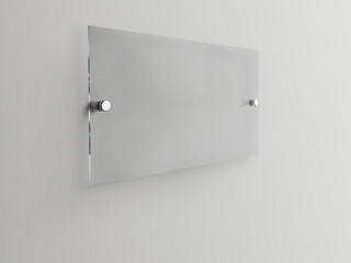 Blank transparent rectangle glass office corporate on white background Signage plate Mock Up Template, Clear Printing board for branding, logo. Acrylic advertising signboard mockup side view.
