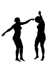 Beautiful girls in fashionable clothes dancing on white background