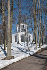 Marfino, Moscow Region, Russia - March 15, 2022: Two-tier gazebo rotunda "Milovida" in the park of the Marfino estate