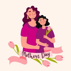 Happy Mothers Day holiday banner template with mom and daughter and lettering Vector illustration