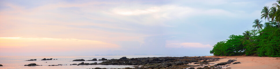 Beaches and rocks in the evening or early morning.
