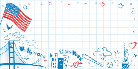 Cute, lovely hand drawn doodle ink cartoon poster with USA flag, city, Statue of Liberty on the notebook sheet. Tourism vector background with empty space. Horizontal sticker, bookmark