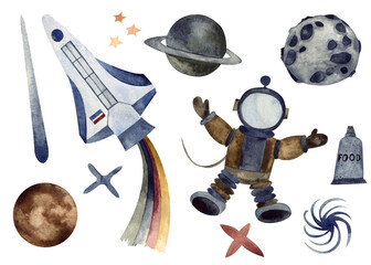 Watercolor illustration. Hand-painted cosmonaut with rocket clipart. Space theme, the universe. © luckycapella