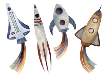 Fototapeta Watercolor illustration. Hand-painted rocket ships with brown red blue colors. Space theme, the universe. obraz